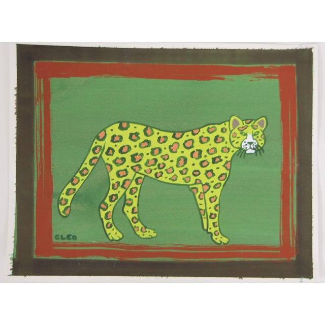 Contemporary Leopard Expressionism Folk Art Safari Green Brown Sienna Original Painting Cleo Plowden For Sale - Image 3 of 5