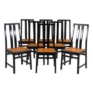 1970s Italian Black Lacquered Cane Seat Dining Chairs in Manner of Motina, Set of Eight For Sale