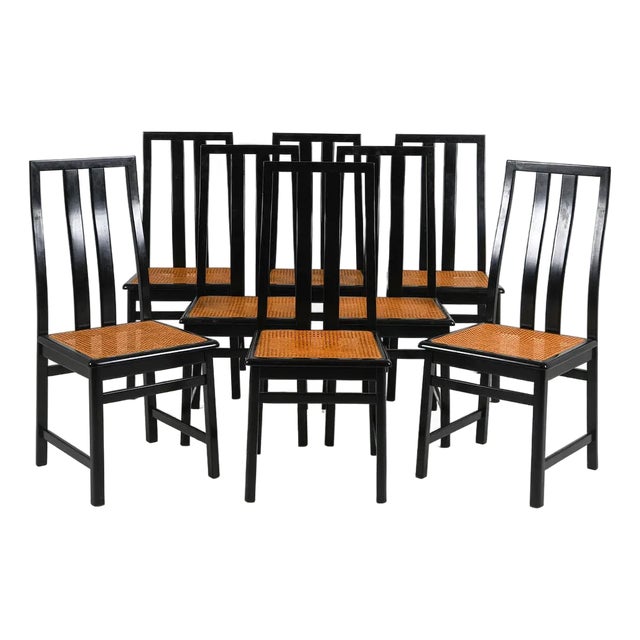 1970s Italian Black Lacquered Cane Seat Dining Chairs in Manner of Motina, Set of Eight For Sale