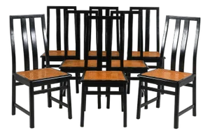 1970s Italian Black Lacquered Cane Seat Dining Chairs in Manner of Motina, Set of Eight
