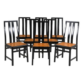 1970s Manner of Motina Black Lacquered Beech & Cane Dining Chairs, Set of Eight For Sale