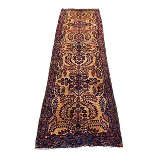Warm Tan Color Field With Red and Blue Floral Motifs Antique Persian Sarouk Hallway Runner Rug For Sale