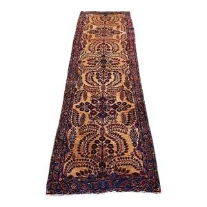 Warm Tan Color Field With Red and Blue Floral Motifs Antique Persian Sarouk Hallway Runner Rug