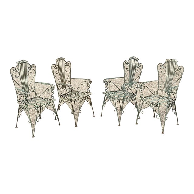 Vintage Neoclassical Style Green Wrought Iron Lyre Harp Garden Chairs - Set of 4 For Sale