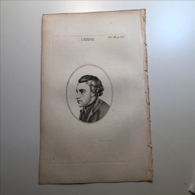 Antique engraving of long-haired man in profile. Plate number LXXXVIII, vol. III, p. 287. Toned paper has minor foxing and...