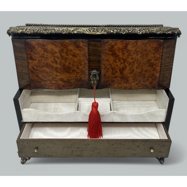 Antique Bronze Burl Walnut French Jewelry Sewing Casket Silk Lined Interior 19c For Sale - Image 4 of 8