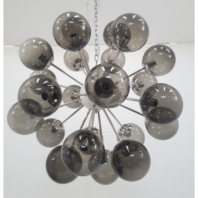 Italian sputnik chandelier with 24 smoky Murano glass globes mounted on polished nickel finish frame / Made in Italy 24...