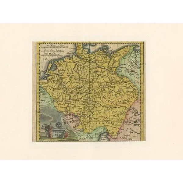 Antique map titled 'Germania'. Rare miniature map of Germany and surroundings. This map covers the entirety of those lands...