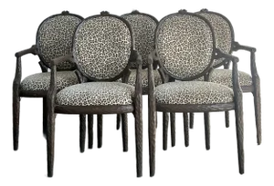 Vintage Boho Faux Bois Leopard Dining Chairs - Set of 5