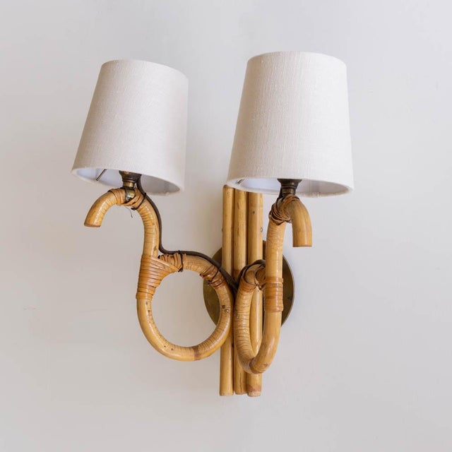 Tan Pair of 1960s French Two-Arm Rattan Sconces For Sale - Image 8 of 12