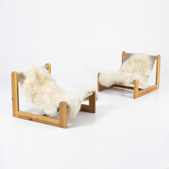 Scandinavian Sling Chair in Pine, Canvas and Sheepskin, 1970s For Sale - Image 10 of 12