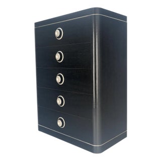 Black Lacquer & Silver 5 Drawers Art Deco Tall Chest Dresser MINT For Sale