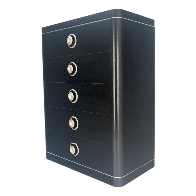 Black Lacquer & Silver 5 Drawers Art Deco Tall Chest Dresser MINT For Sale