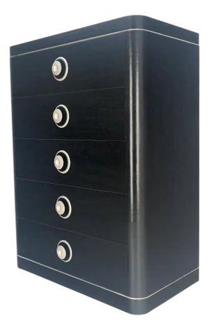 Black Lacquer & Silver 5 Drawers Art Deco Tall Chest Dresser MINT