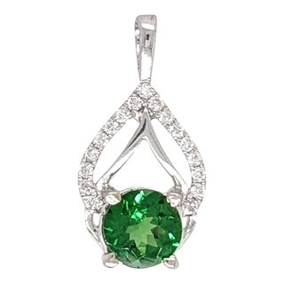 Tsavorite Pendant with Natural Diamonds in Solid 14K White Gold Round 5.5mm For Sale