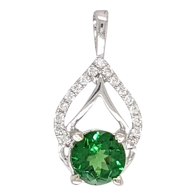 Tsavorite Pendant with Natural Diamonds in Solid 14K White Gold Round 5.5mm For Sale