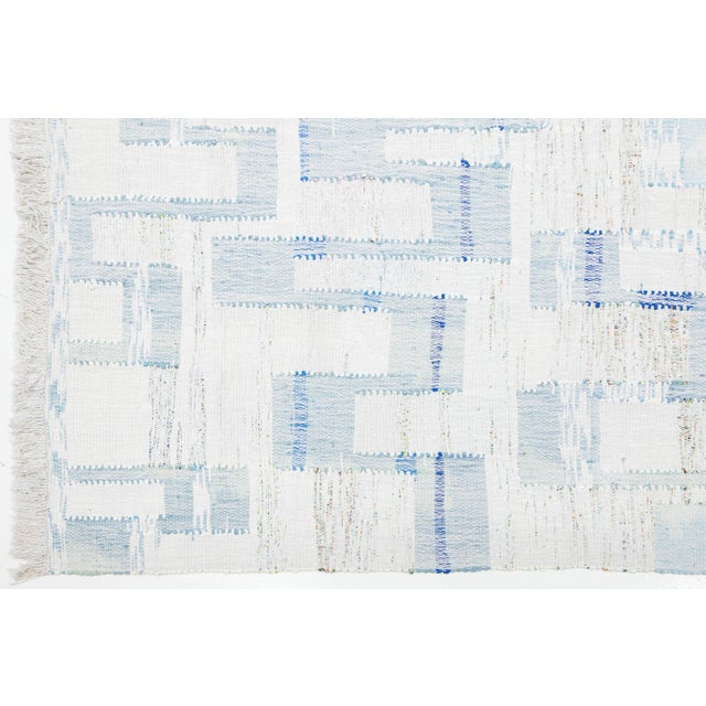 Textile Contemporary Abstract Kilim Flatweave Wool Rug in Ivory and Blue For Sale - Image 7 of 10
