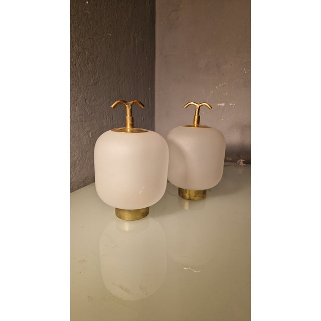 Goldenrod Table Lamps in Brass with Handle and Sandblasted Glass, 1990s, Set of 2 For Sale - Image 8 of 10