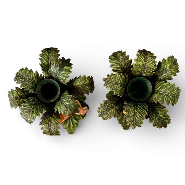 Mid 20th Century Pair of Hand-Painted Porcelain Monkey & Tole Palm Candlesticks, Petites Choses Attributed For Sale - Image 11 of 12