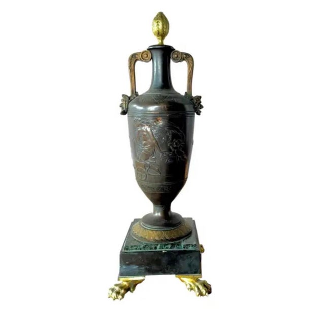 French Neoclassical Patinated Bronze and Marble Urn Vases, a Pair For Sale In Tampa - Image 6 of 16