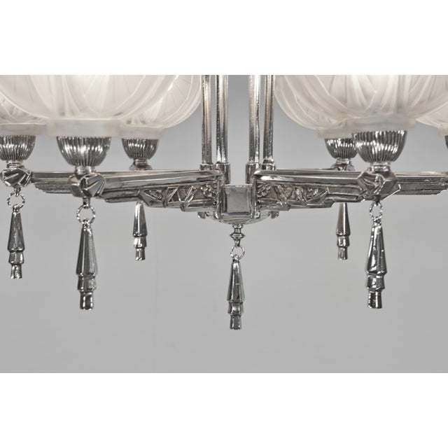 French Art Deco Nickeled Bronze & Geometric Glass 6-Armed Chandelier by Ejg 1930s For Sale - Image 11 of 13