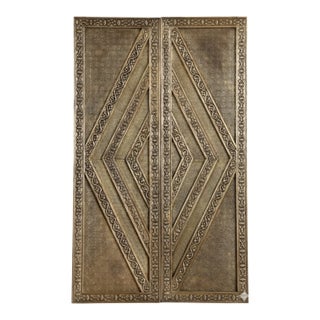 Vintage Brass-Clad Statement Hand-Carved Sliding Barn Door 80x48 For Sale