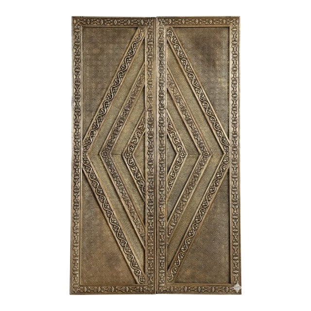 Vintage Brass-Clad Statement Hand-Carved Sliding Barn Door 80x48 For Sale