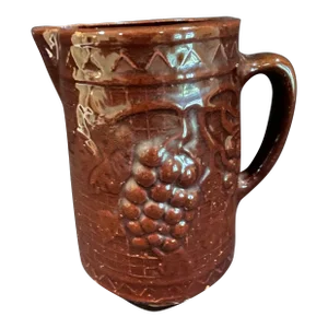 Early 20th Century Antique North Star Brown Salt Glazed Stoneware Pitcher With Grapes and Lattice Motif