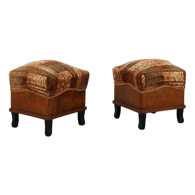 Art Deco Walnut Stools with Velvet Upholstery, Italy, 1920s, Set of 2 For Sale