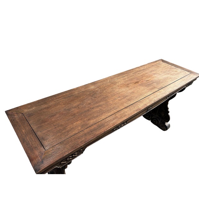 1970s Vintage Oriental Natural Brown Ru Yi Relief Carving Altar Console Table For Sale - Image 5 of 12