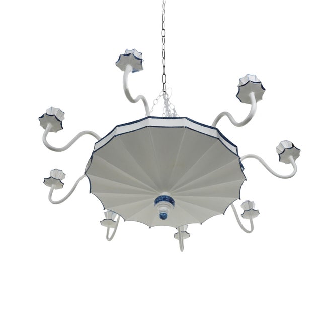 Art Deco Vintage Blue and White Handmade Iron 8-Lamp Chandelier For Sale - Image 3 of 9