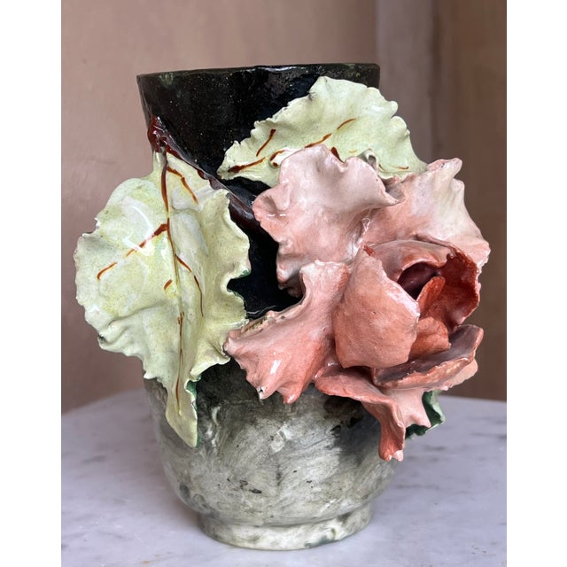 French majolica barbotine vase with applied flowers, made by Edouard Gilles in Paris in the early 1880's. Edouard Gilles,...