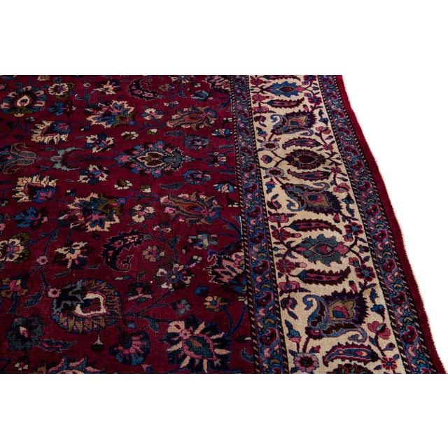 Mashad Handmade Allover Floral Red Wool Rug For Sale - Image 9 of 11