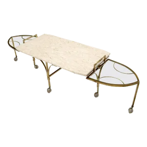 Mid-Century Modern Brass Base on Wheels Travertine Top Expandable Coffee Table