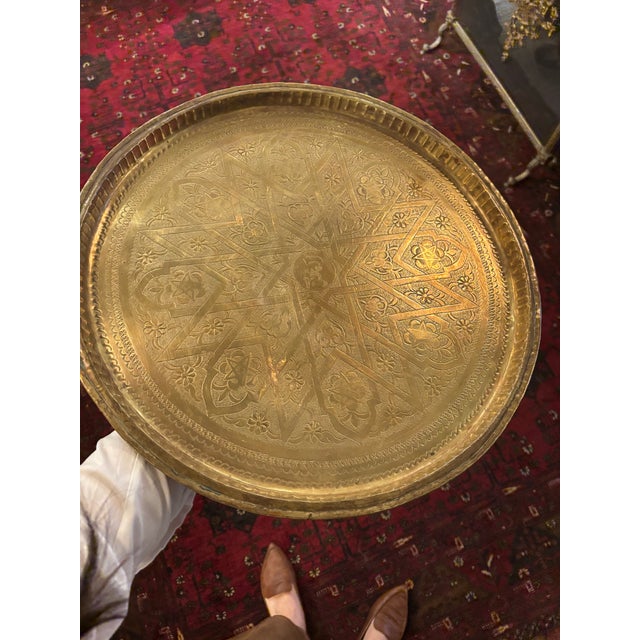 Persian 19th Century Islamic Brass Tray | Indo-Persian Hand-Engraved Geometric & Floral Decoration | Antique Tabletop For Sale - Image 3 of 7