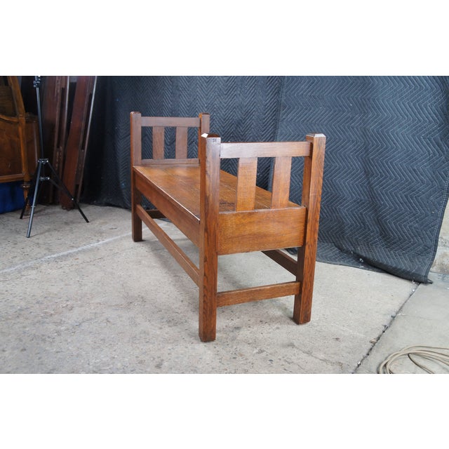 Brown Antique Mission Arts & Crafts Quartersawn Oak Hall Storage Bench Seat Settee 50" For Sale - Image 8 of 13