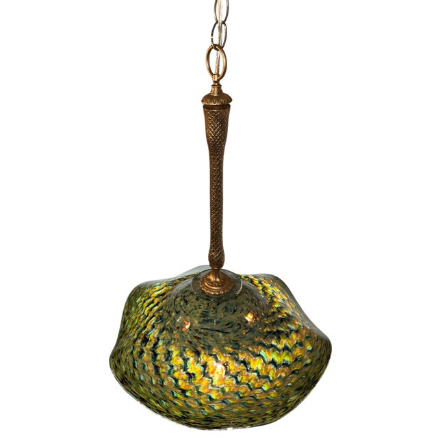 Metal Ruffled Swirled Multicolor Green Art Glass and Brass Tone Pendant Light Signed R. Mynatt For Sale - Image 7 of 18