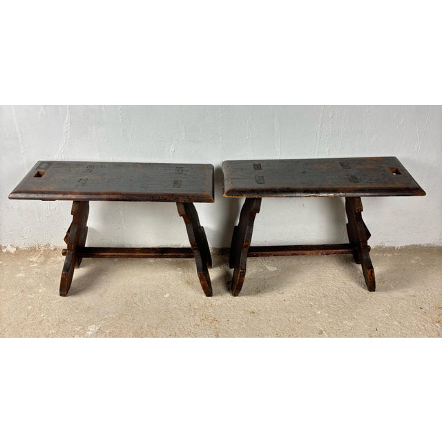 Pair of Rustic Spanish Wooden Stools, 1900s For Sale - Image 11 of 12