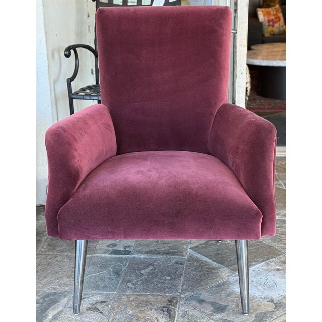 Design Plus Gallery presents a Burgundy Silk Velvet Accent Chair from Julia Katrine Designs. The chair was custom designed...