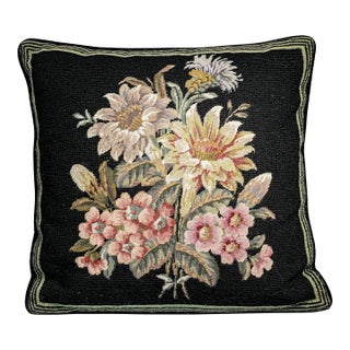 Traditional Vintage Embroidered Floral Flower Needlepoint Velvet Throw Pillow Home Decor For Sale