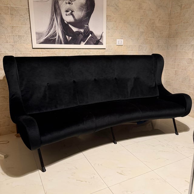 Extremely rare and elegant sofa by Marco Zanuso 1960s Curved line Black velvet Originally burgundy, the sofa has been...
