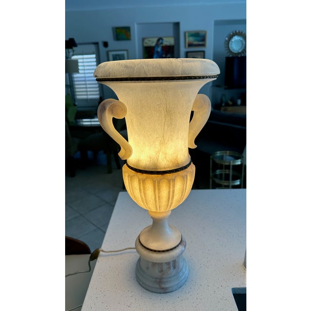 Traditional Single Italian Tall Alabaster and Brass Urn Handles Table Lamp For Sale - Image 3 of 18