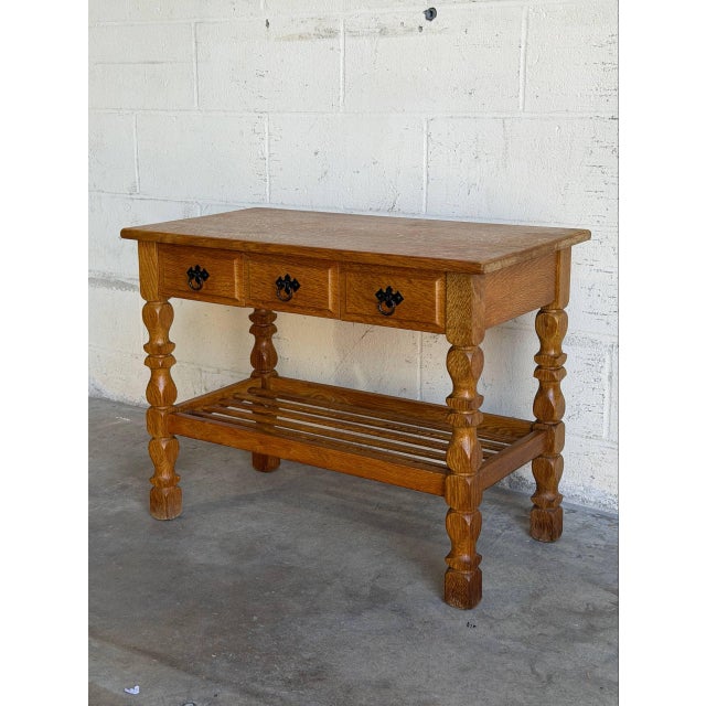 In Style of Henning Kjærnulf Oak Hallway Table With 3 Drawers and Shelf Denmark Mid-Century Modern 1960s For Sale - Image 4 of 9