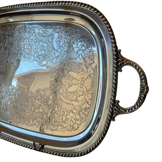 Silver Mid Century Wallace Silverplate Engraved Serving Tray With Handles, 23.5” For Sale - Image 8 of 16