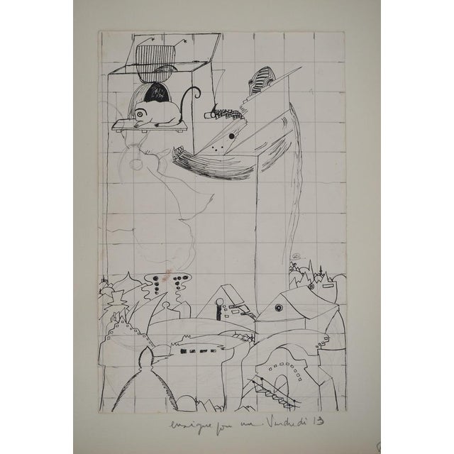 Jean-claude silbermann (1935) the surrealist village, 1964 original ink drawing signed lower right on thick paper 25 x 16...