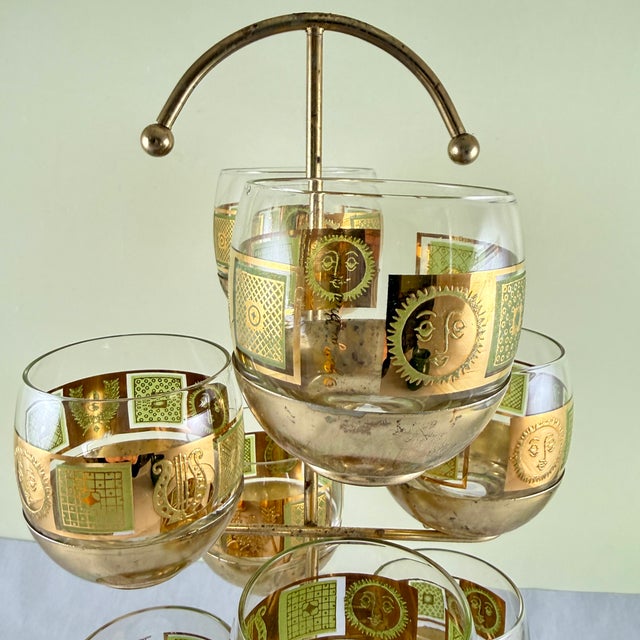 1950s Golden Celeste Roly Poly Glasses in Stand, Briard, S/9 For Sale - Image 5 of 11