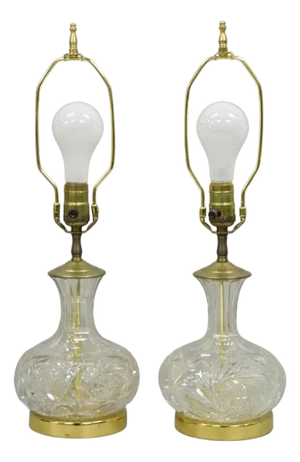 Vintage Victorian Cut Crystal Leaded Glass Small Bulbous Table Lamps - A Pair