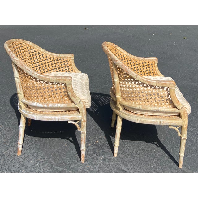 Hollywood Regency Barrel Back Faux Bamboo and Cane Chairs Circa 1960s