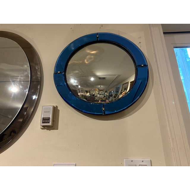 Mid-Century Modern Mid 20th Century Italian Modern Blue Beveled Convex Mirror For Sale - Image 3 of 7