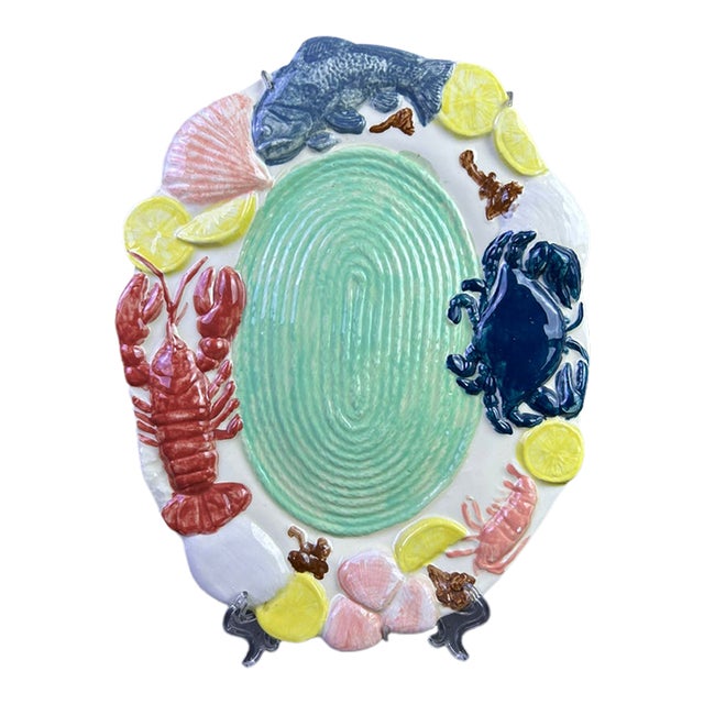 Signed Sculptural Ceramic Seafood Wall Platter With Lobster & Crab, 13.5" For Sale